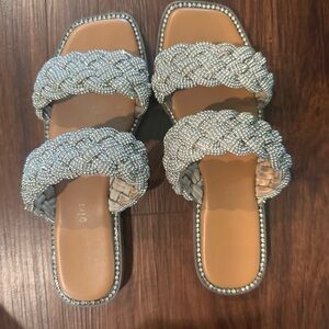 Madden Girl Silver Braided Crystal Double-Band Slide Sandals